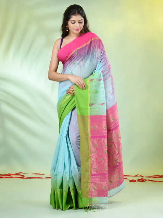 Sea Green Cotton Ikat Saree With Ganga Jamuna Border-MA66BCT431380077