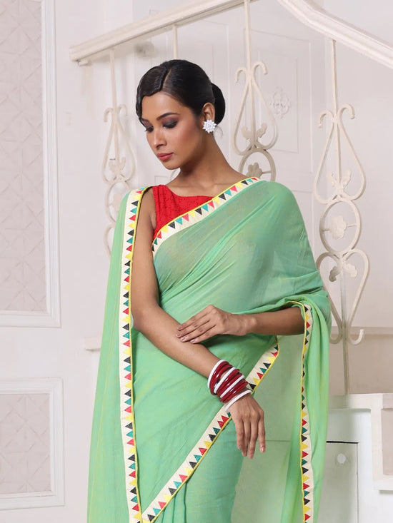 Light Green Mulmul Cotton Soft Saree With Patch Work Borders-MA62MCT33830022