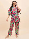 Kurta Pyjama with Kaftan Overlay Set in Green and Pink Pineapple Print