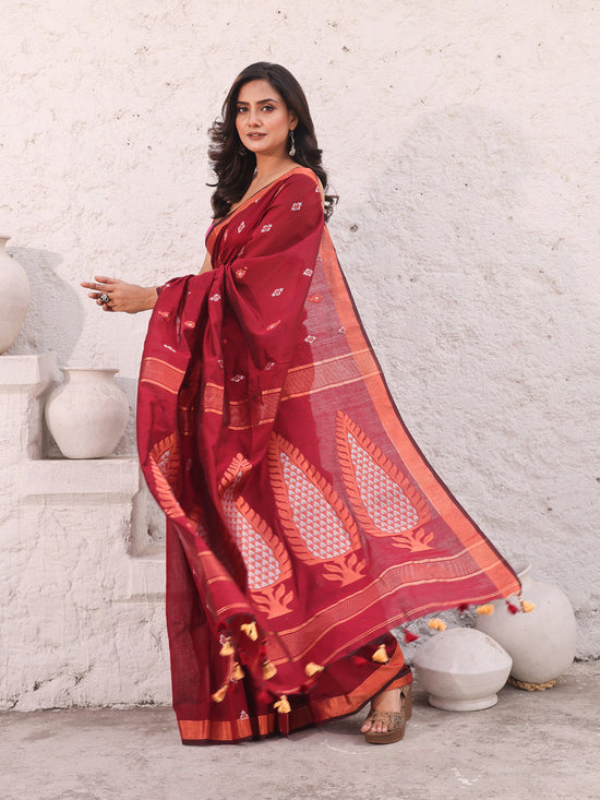 Dark Red Cotton Saree With Woven Designs And Zari Border-MA54BCT041380038