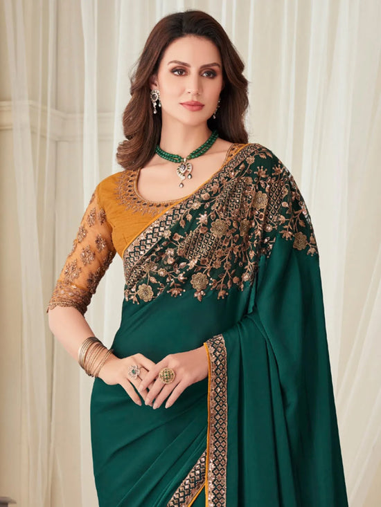 Saree Mall Women's Satin  Teal Green Embellished Designer Saree With Blouse Piece-SILVER27017A