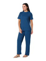 Smarty Pants Women's Cotton Rib Blue Color Round Neck Night Suit