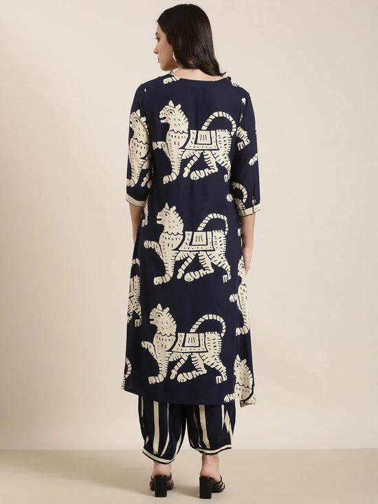 Women Straight Navy Blue Ethnic Motifs Kurta and Trousers Set-GW-4581-Navyblue