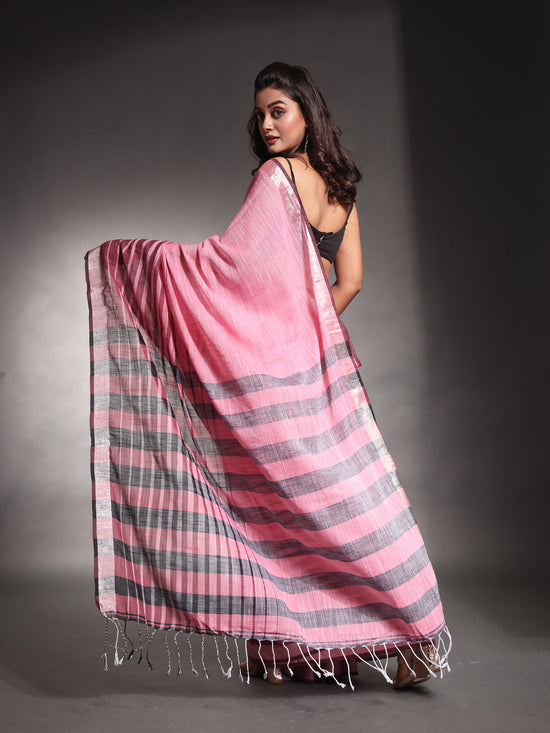 Baby Pink Pure Cotton Soft Saree With Stripes Pattern-MA54CT33580105