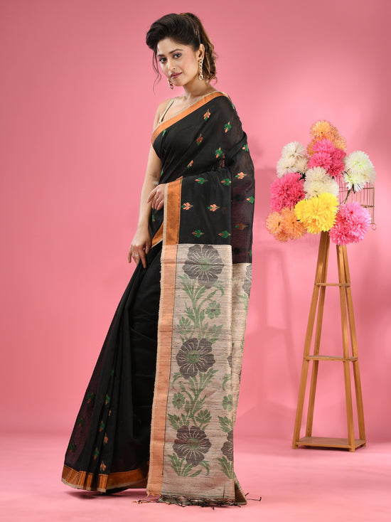 Black Cotton Blend Handwoven Saree With Jute Weaving Pallu-MA51BCT431930032