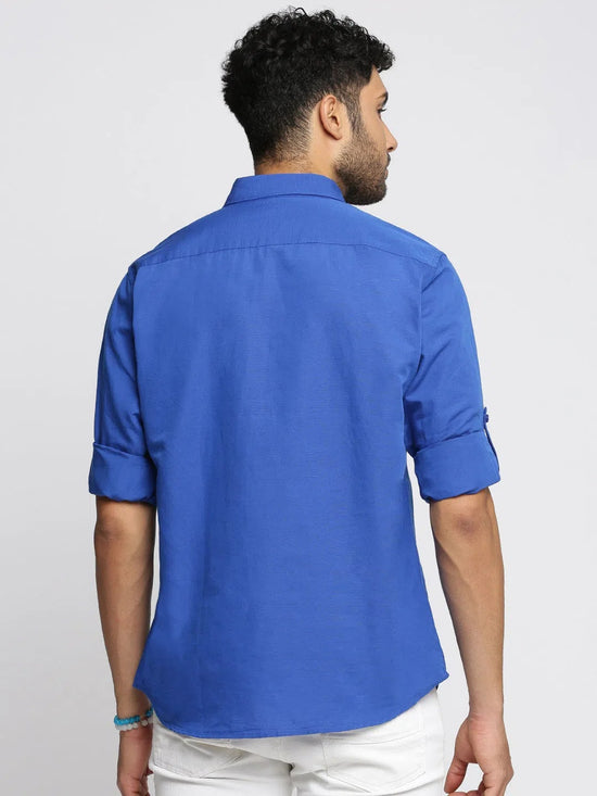 Men Blue Solid Shirt Collar Casual Short Kurta-LAGOM-2006-Blue