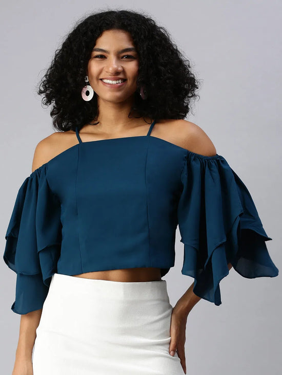 Women Teal Solid Bardot Top-AE-7018-Teal