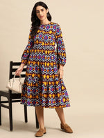 Midi Layered dress with balloon sleeve in Multi color ikkat Print