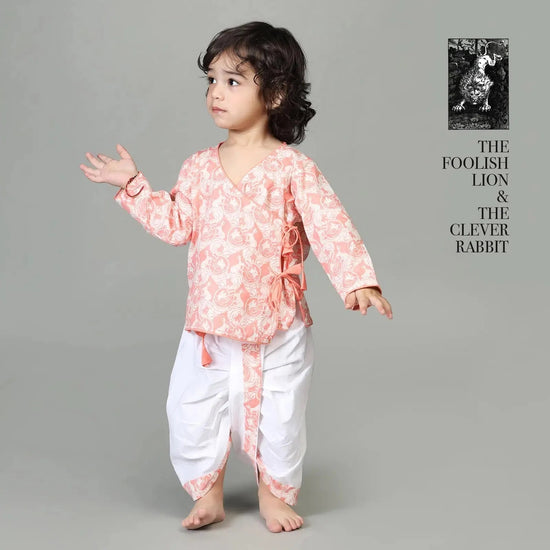 Cotton Angarakha & Dhoti Set For Boys with The Foolish Lion & The Clever Rabbit Print