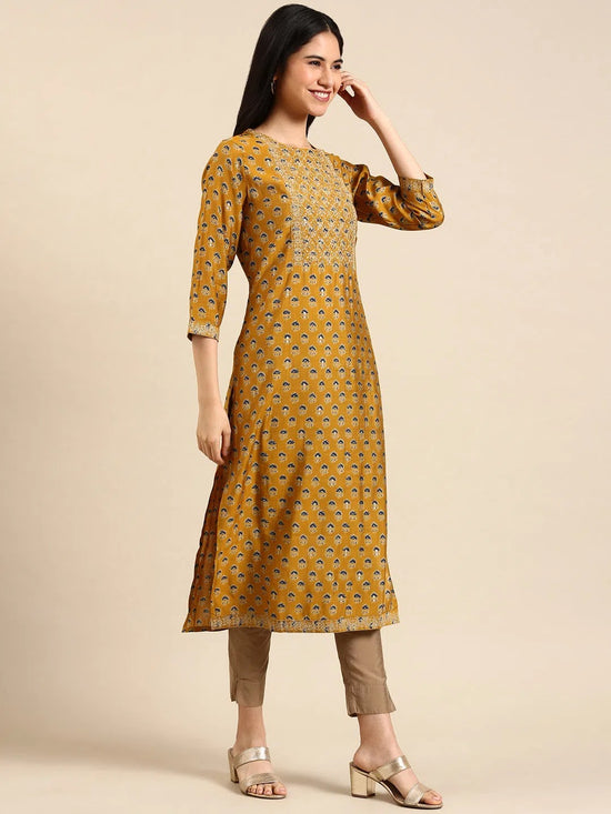 Women's Yellow Printed Straight Kurta-GW-2943-Mustard