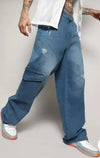 Men Smart Wide Leg Mildly Distressed Light Fade Stretchable Jeans