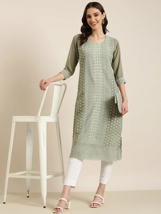 Women Olive Embellished Straight Kurta-SKC-1244-Olive