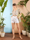 Women Beige Floral Chiffon Puff Sleeves Top