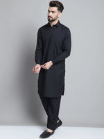 Men's Black Cotton Solid Pathani Kurta with Salwar-JOKP-696Black