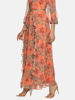 Floral Orange Flare Detail Maxi Skirt-17357