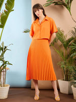 Women Orange Accordion Pleated Midi Skirt