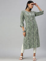 Women's Beige Printed Straight Kurta-HO136-Cream-Green