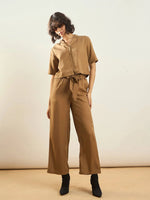 Women Khaki Tencel Notch Collar Crop Shirt