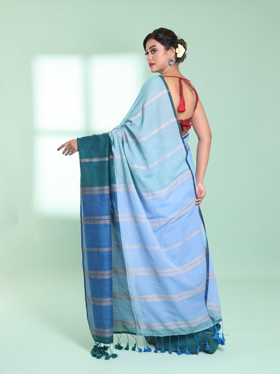 Blue Patli Pallu Cotton Saree With Stripes Design-MA59CT06540015