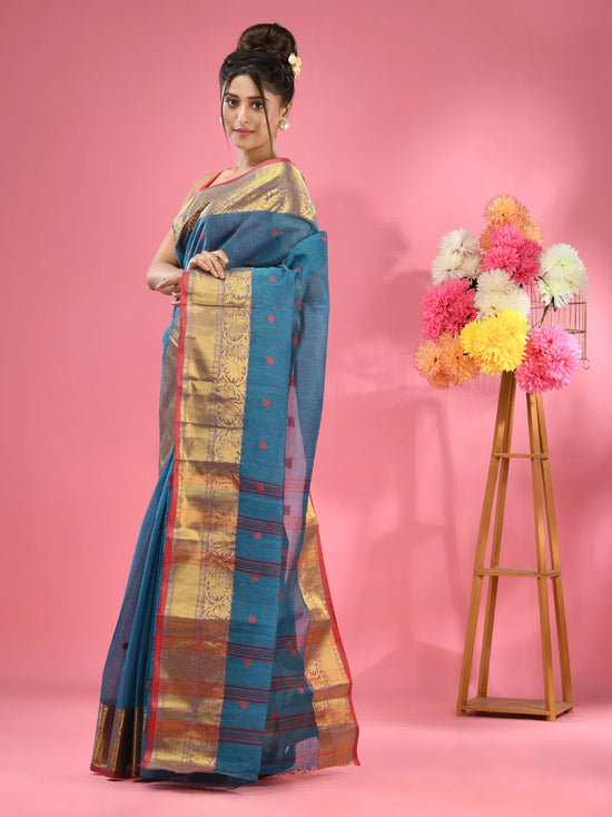 Olympic Blue Pure Cotton Tant Saree With Zari Border-MA51TT43540052