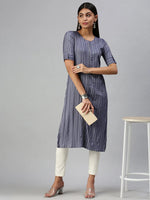 Women's Navy Blue Striped Straight Kurta-SNG2064-Navyblue