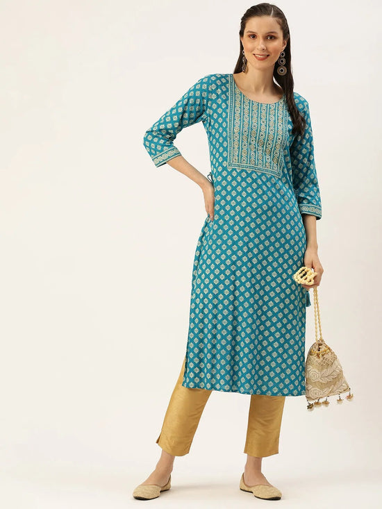 Women's Blue Printed Straight Kurtas-AT-A250-K-Blue