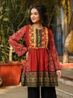 Rust Ethnic Motif Printed Cotton & Chiffon Peplum Tunic With Thread Embroidery & Tassels