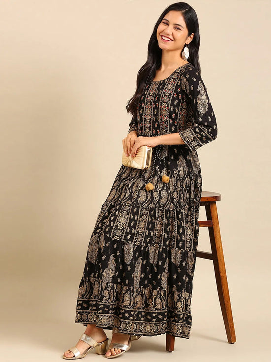 Women's Black Printed Anarkali Kurta-AT-A-780-Black