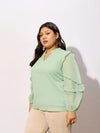 Women Mint Green Sleeve Ruffle Detail Top