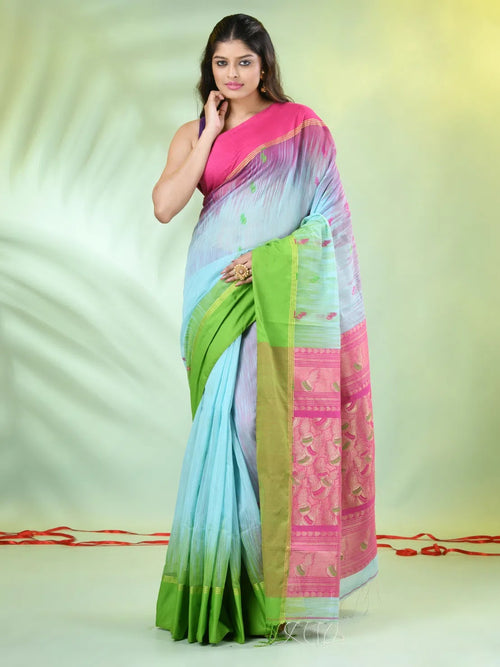 Sea Green Cotton Ikat Saree With Ganga Jamuna Border-MA66BCT431380077