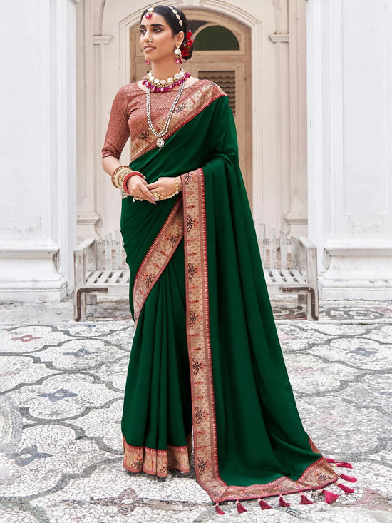 Saree Mall Women's Vichitra  Green Embellished Designer Saree With Blouse Piece-TRIYA81897