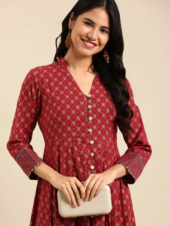 Women's Red Printed Anarkali Kurta-BS-1041-Maroon