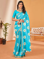 Saree Mall Women's Cotton Slub Blue Printed Designer Saree With Blouse Piece-NAVYA119