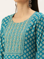 Women's Blue Printed Straight Kurtas-AT-A250-K-Blue