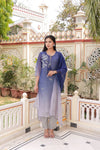 Vaasva Women Blue Tabby Slik Print & Embroidered Kurta, Pant & Dupatta Set