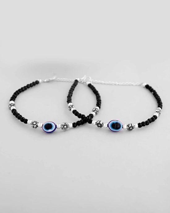 Set Of 2 Evil Eye Black with Flower Shaped Beads Anklet-VOJ411