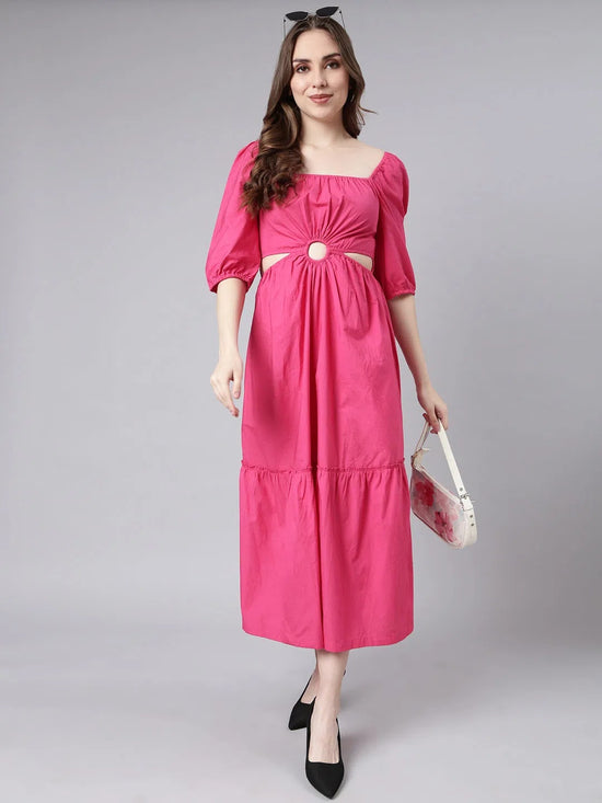 Women Pink Solid Fit and Flare Dress-ON-747-Pink