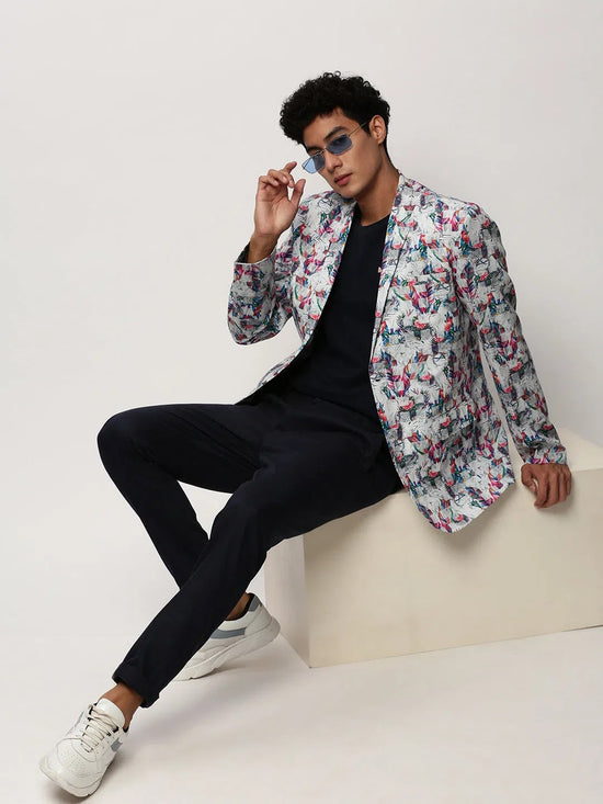 Men White Printed Casual Blazers-SOBLZ-082-18-White