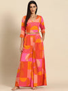 Overlap crop top with flare pyjama set in Pink and Orange Print