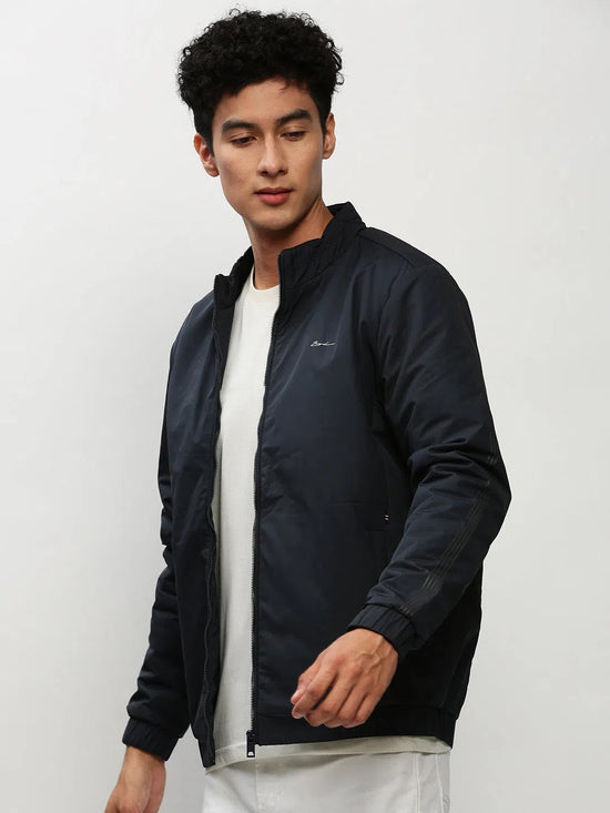 Men Navy Solid Casual Bomber Jackets-ZD-3604-Navyblue