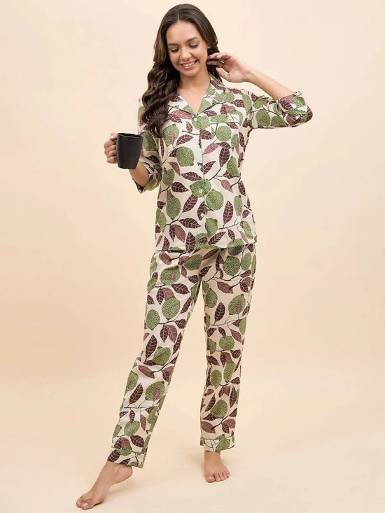 Shirt Pyjama Set in Green Lemon Print