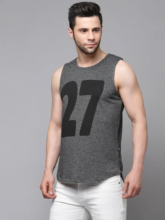 Rigo Charcoal Numerical Print Curved Bottom Cotton Sleeveless T-Shirt Vest