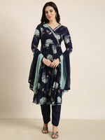 Women Anarkali Navy Blue Floral Kurta and Trousers Set Comes With Dupatta-BC-SK-1917-Navyblue