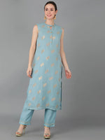 Ahika Women Blue Poly Chanderi Woven Design Straight Kurta Pant Set