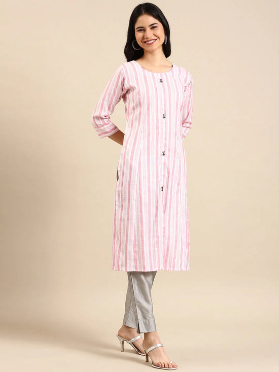 Women's Pink Striped Straight Kurta-SKC-3351-Pink