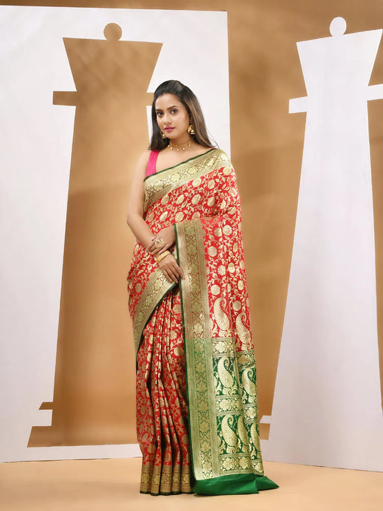 Red Silk Banarasi Saree With Ethnic Motifs And Woven Designs-MA53BSL441050018