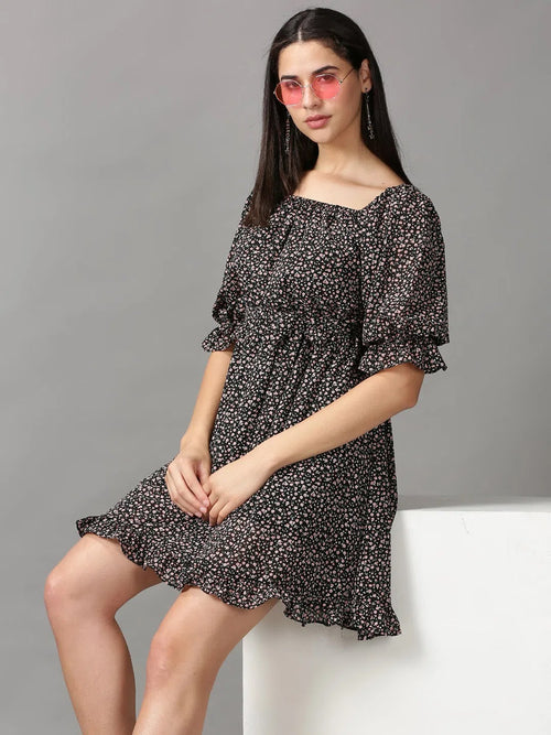 Women's Black Printed Fit and Flare Dress-HQ-24-Black