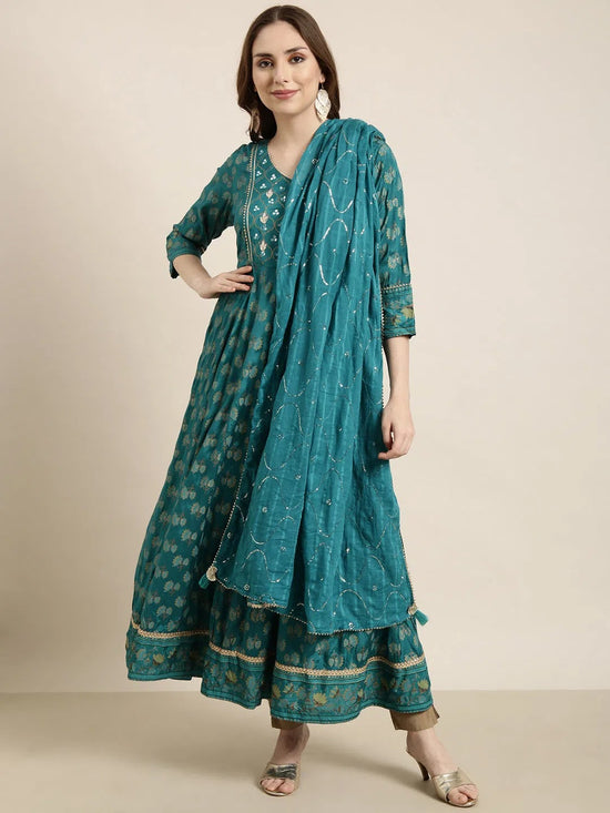 Women Anarkali Green Floral Kurta Comes with Dupatta-DK-3151-Green