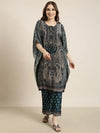 Women Teal Printed Tunic & Trousers Set-DW-5727-Teal