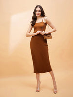 Women Brown Rib Strappy Dress